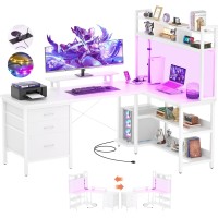Aheaplus L Shaped Gaming Desk with Hutch, Gaming Desk with Led Lights, Reversible Computer Desk with Power Outlet, Corner Desk with File Drawer & Monitor Stand, Storage Shelves for Home Office -White